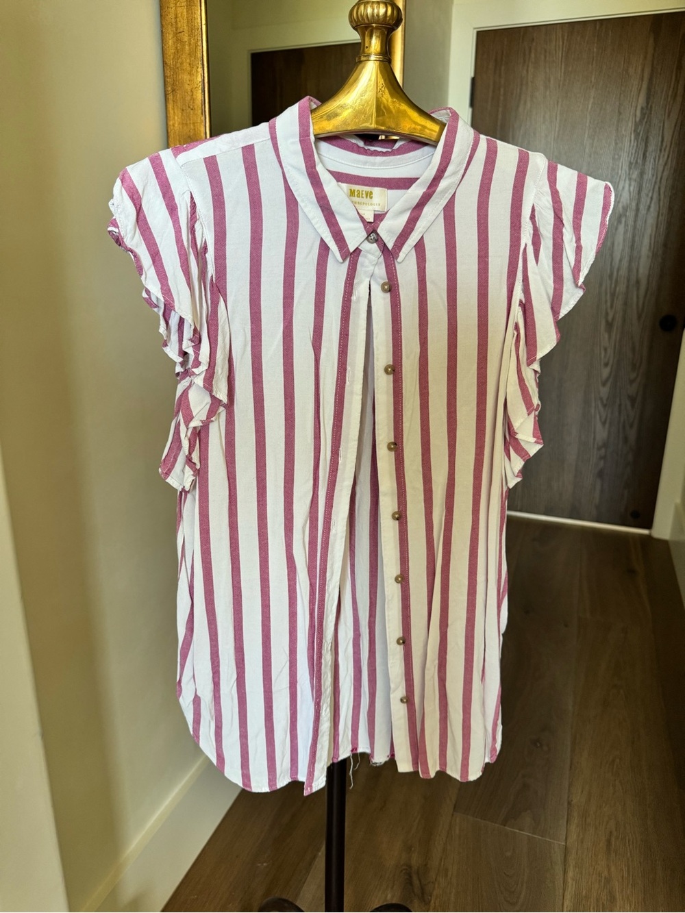 Maeve Pink/purple and White Striped Ruffle Sleeve Button-Front Top.